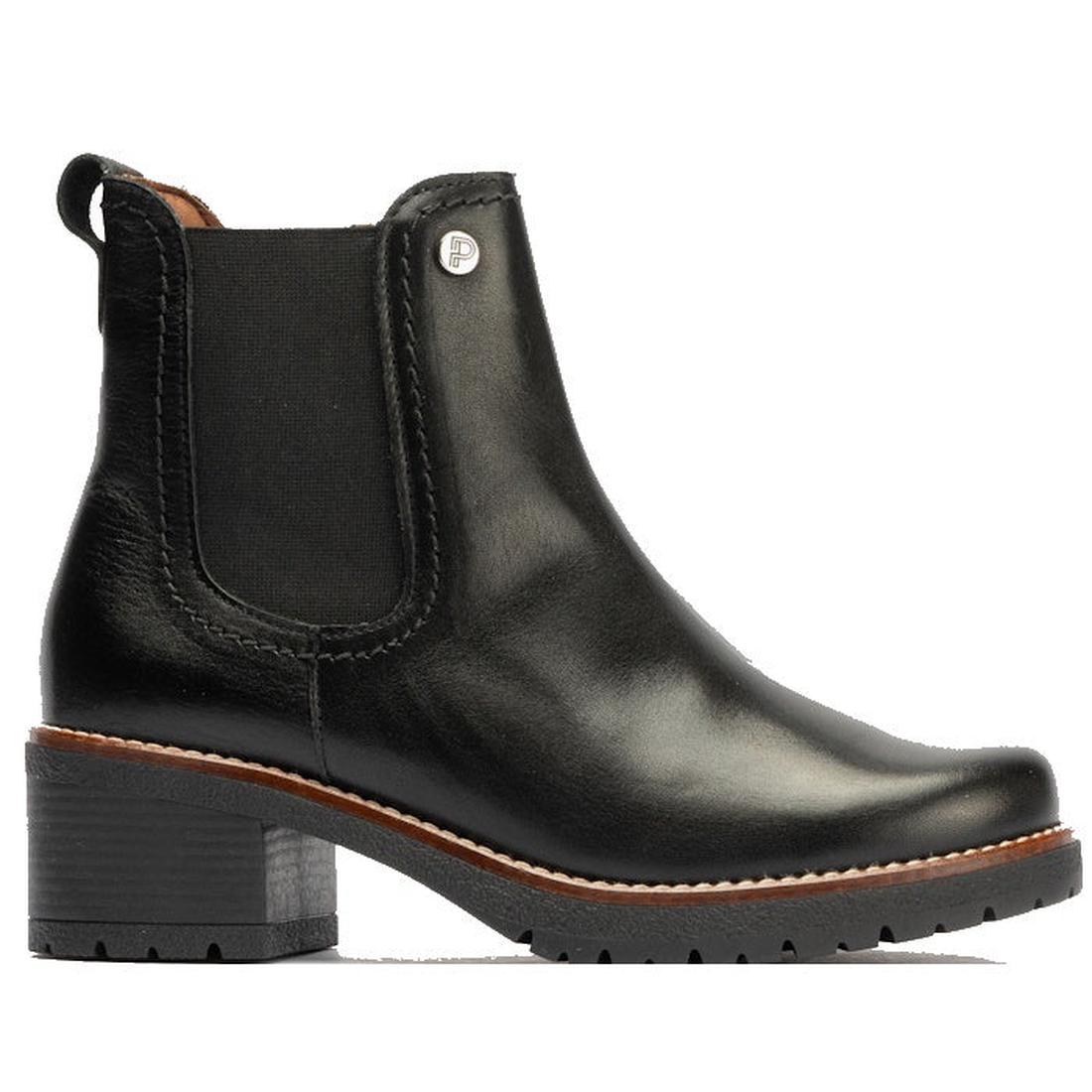 A side view Pitillos black leather ankle boot with a heel, elastic gusset on the outside, and a zipper on the inside.