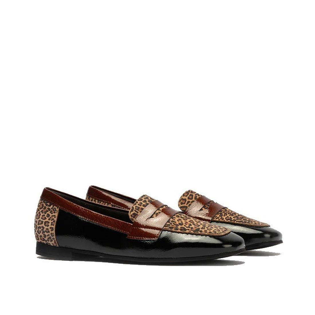 Pitillos Women’s Black Flat Patent Loafer Moccasin 10870 features glossy black patent leather, brown suede accents, and leopard print details on the toe and heel, displayed on a white background., 8445191690432, 8445191690449, 8445191690456, 8445191690463