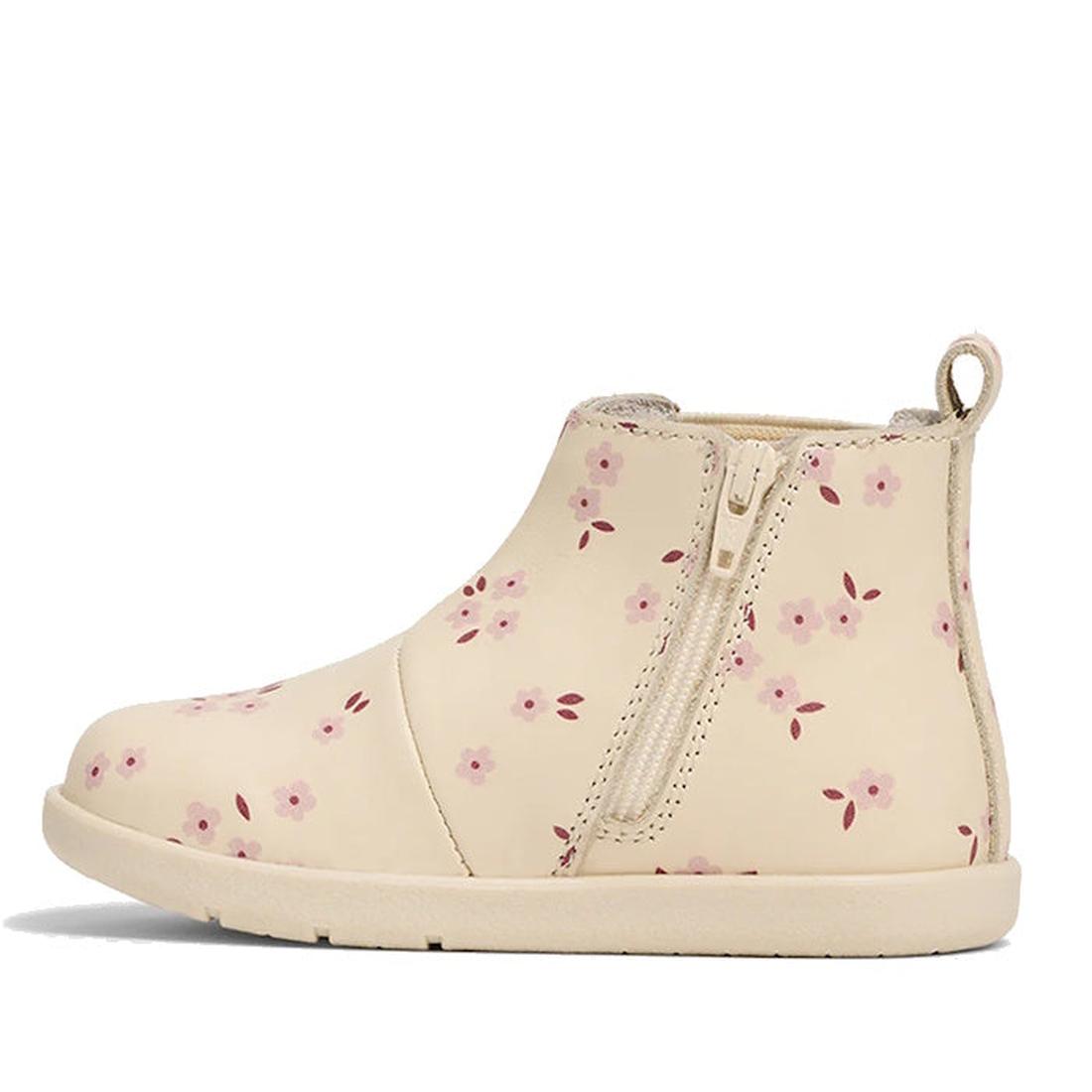 The Pretty Brave Charlie Leather Boot First Walkers Winter Bloom Pink is a cream children’s Chelsea boot with pink floral patterns, side zipper, heel pull tab, flat sole, genuine leather design, and podiatrist-approved for growing feet., 9420075361881, 94