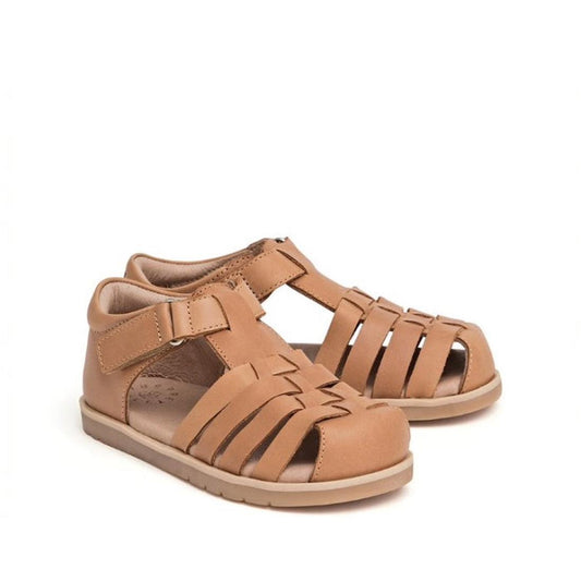 Pretty Brave Jamie Closed Toe Leather Sandal Tan 23-28 features soft tan leather, secure Velcro strap, flexible sole, and woven design.  ksnz