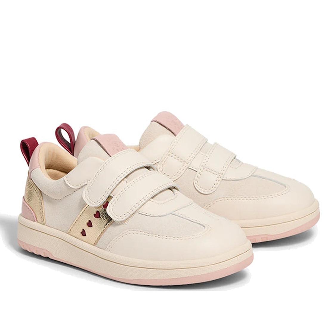 The Pretty Brave River Hearts Leather Trainer in Pink Off White features cream and pink sporty style, Velcro straps, gold heel accents, red heart side details, and light pink and white soles—perfect sneakers for active kids!., 9420075363854, 9420075363847
