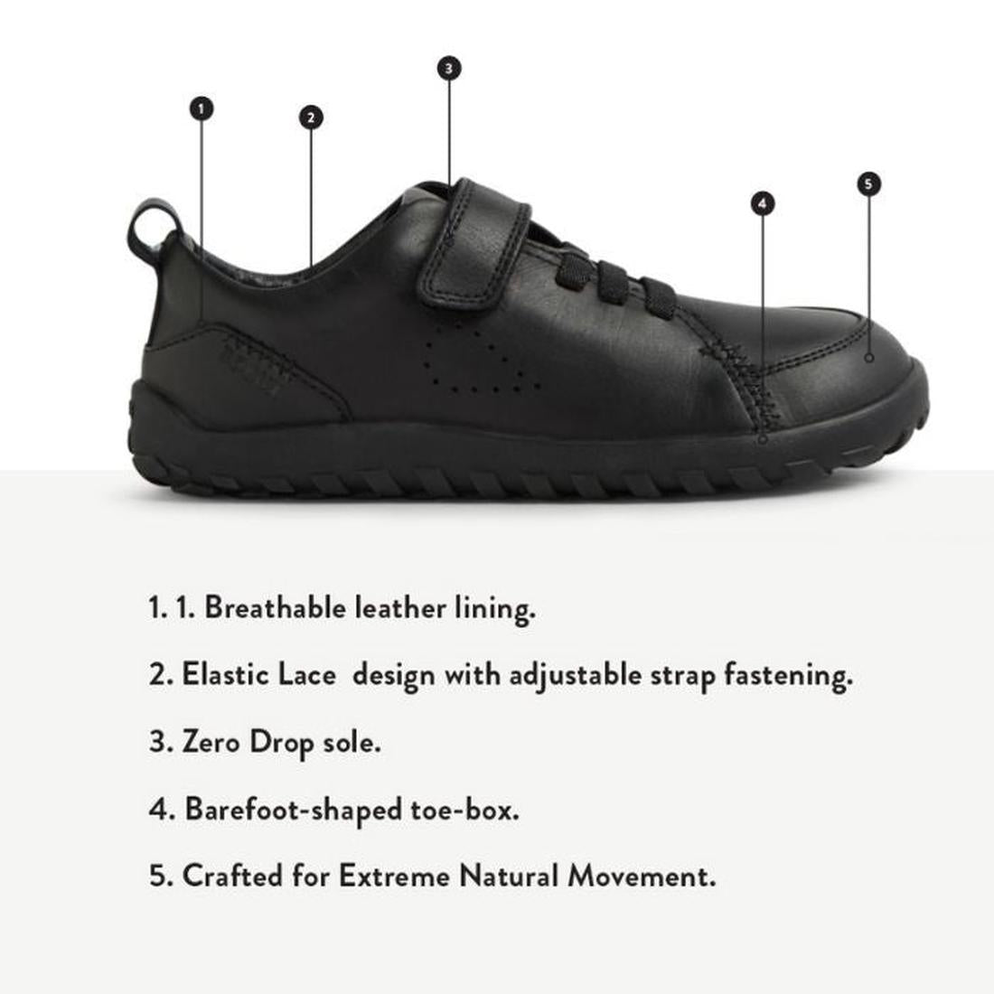 The Bobux Kid+ Prime Alpha Black School Leather Sneaker Shoe features a velcro strap, elastic laces, breathable leather lining, barefoot-shaped toe-box, zero-drop sole, and natural movement design., 48416, 9420074804617, 9420074804624, 9420074804631, 9420