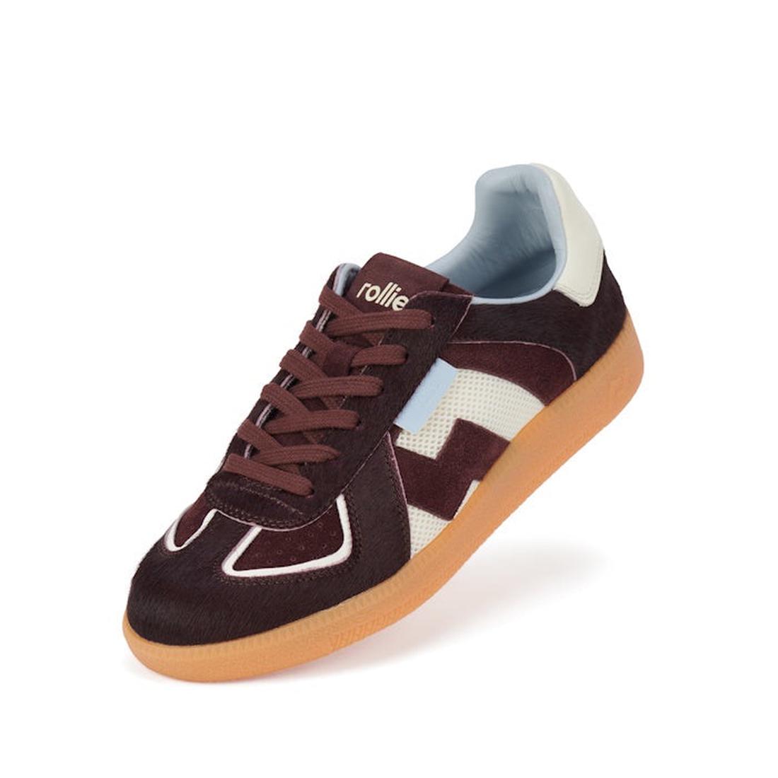 Rollie Womens Pace Dark Cherry Bone Suede Sneaker has a comfy gum sole, brown laces, pretty zigzag pattern, and cozy suede style.  ksnz
