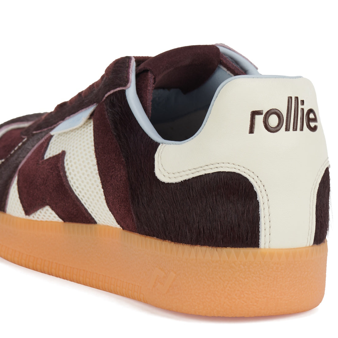 Rollie Womens Pace Dark Cherry Bone Suede Sneaker features fun cow-print hair, a sturdy tan sole, lace-up front, and comfy white heel.  ksnz, 9339554000315, 9339554000317, 9339554000164, 9339554000056, 9339554000182