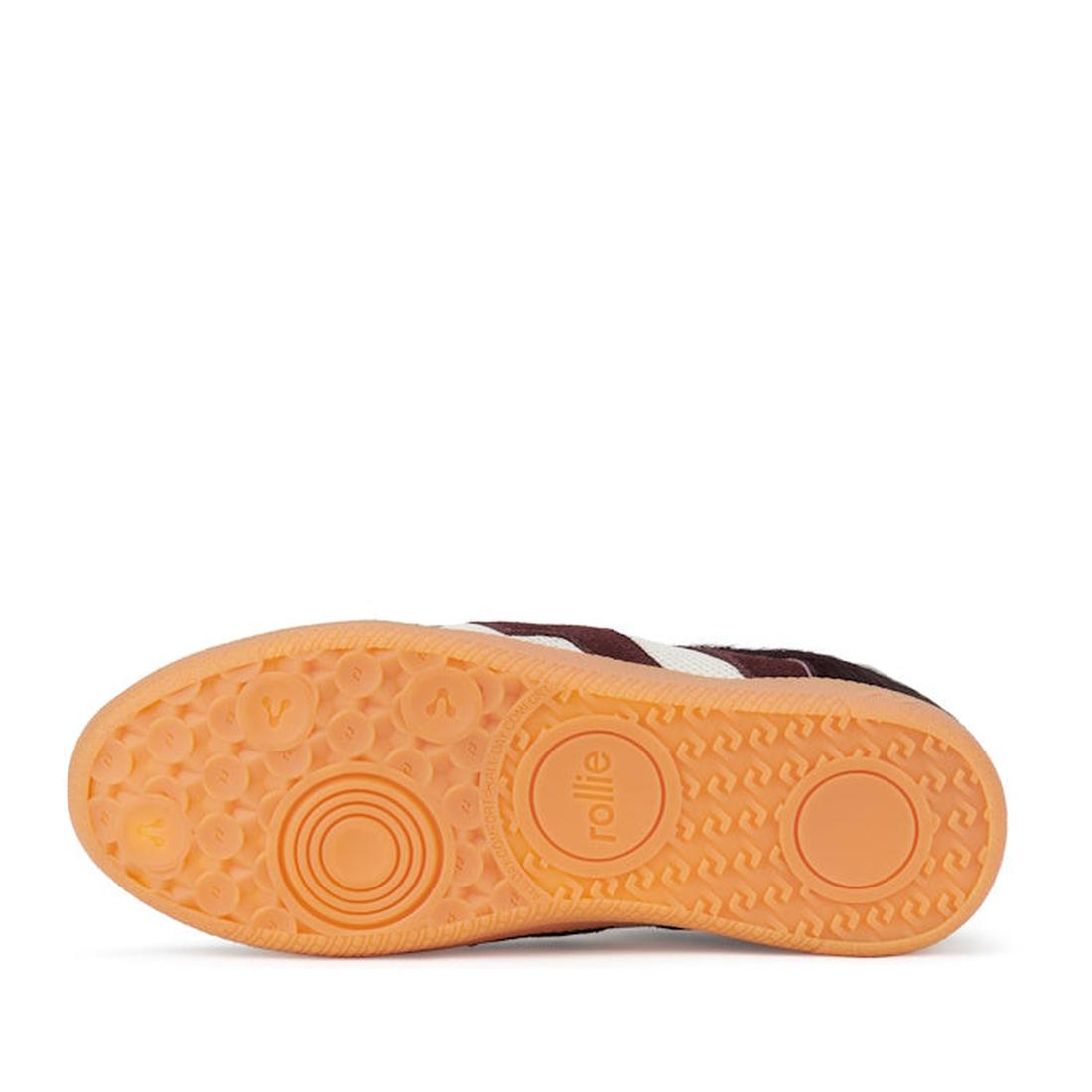 Rollie Womens Pace Sneaker in dark cherry and white suede, with a comfy orange sole, fun grip circles, and easy lace-up design.  ksnz, 9339554000315, 9339554000317, 9339554000164, 9339554000056, 9339554000182
