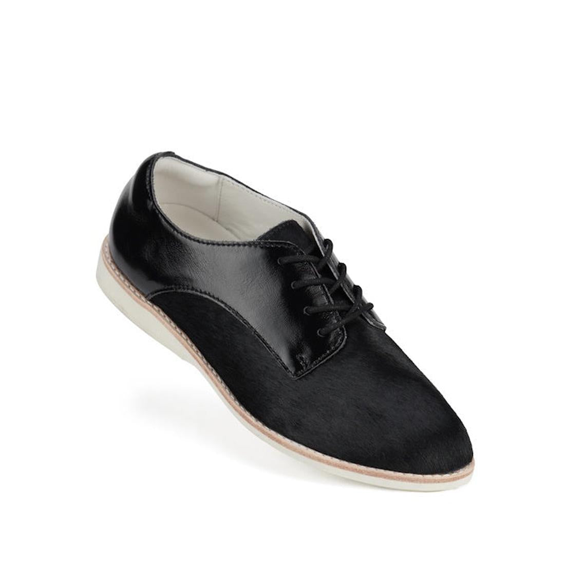 Rollie Womens Derby Black Splice Leather Brogue Shoe—sleek black lace-up oxford, comfy beige sole, white lining, ideal for all-day wear.  ksnz
