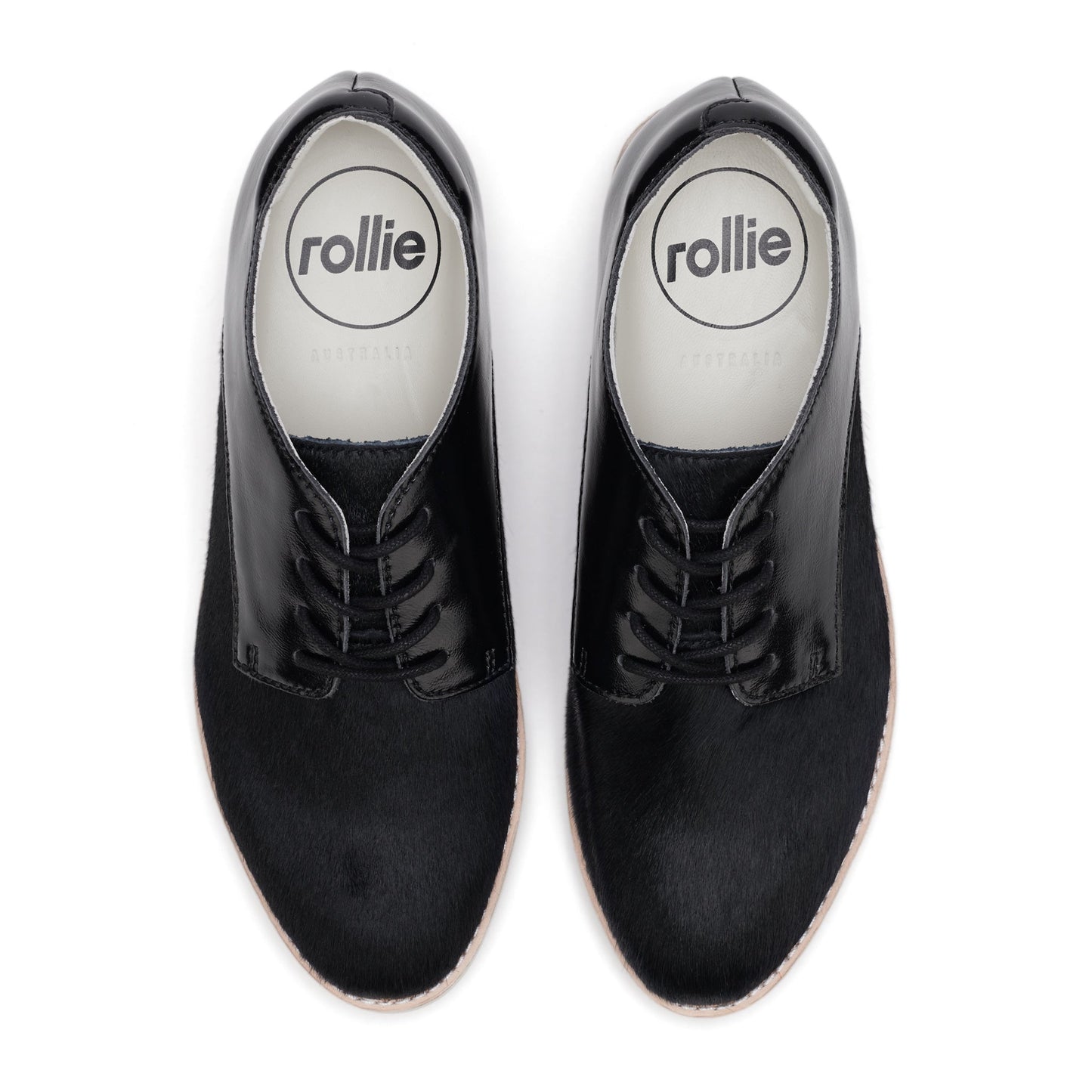 Rollie Womens Derby Black Splice Leather Brogue Shoe for mom, crafted with shiny toe cap, soft pony hair sides, and lace-up comfort.  ksnz, 51190, 9339554014920, 9339554054292, 9339554007458, 9339554000329, 9339554389769
