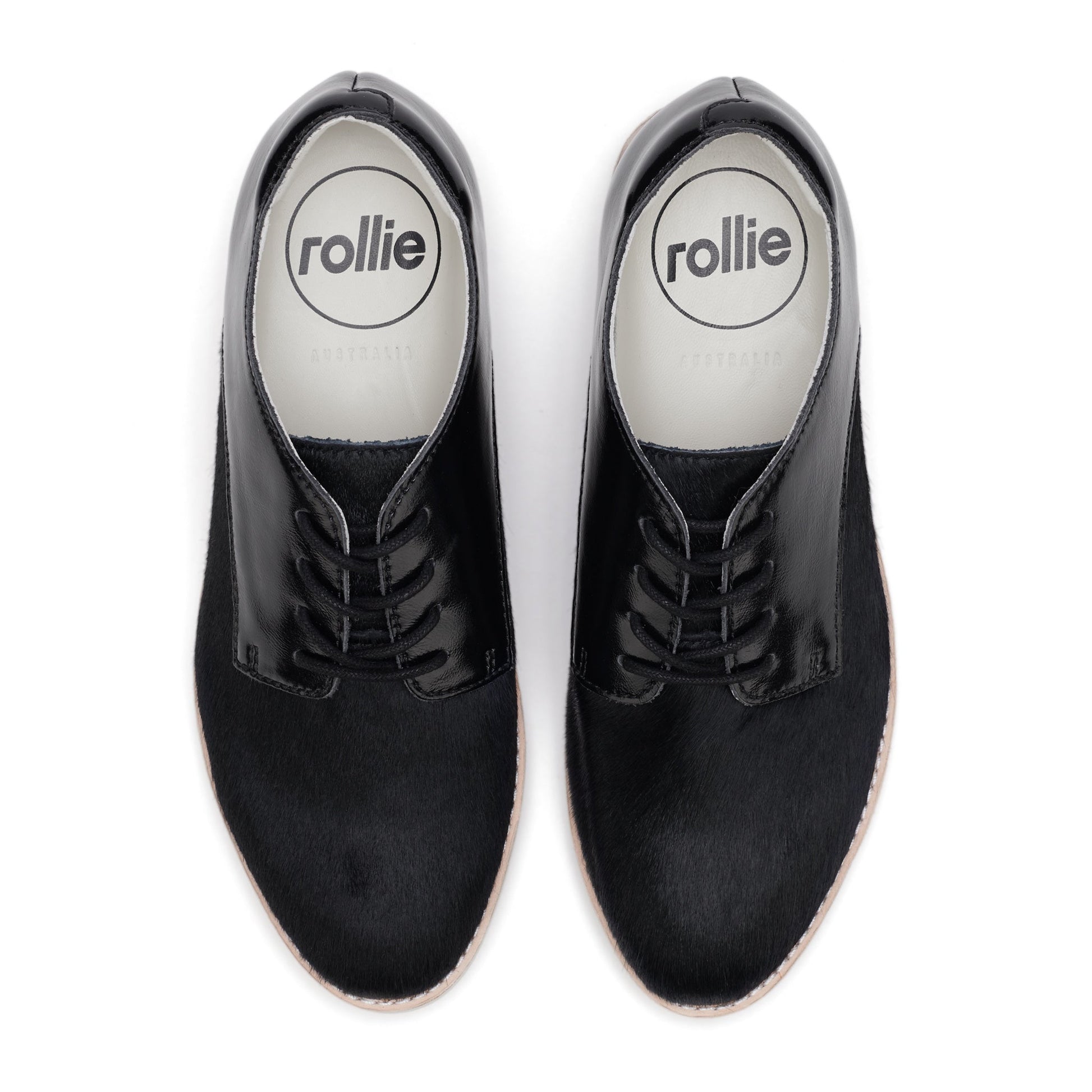 Rollie Womens Derby Black Splice Leather Brogue Shoe for mom, crafted with shiny toe cap, soft pony hair sides, and lace-up comfort.  ksnz, 51190, 9339554014920, 9339554054292, 9339554007458, 9339554000329, 9339554389769