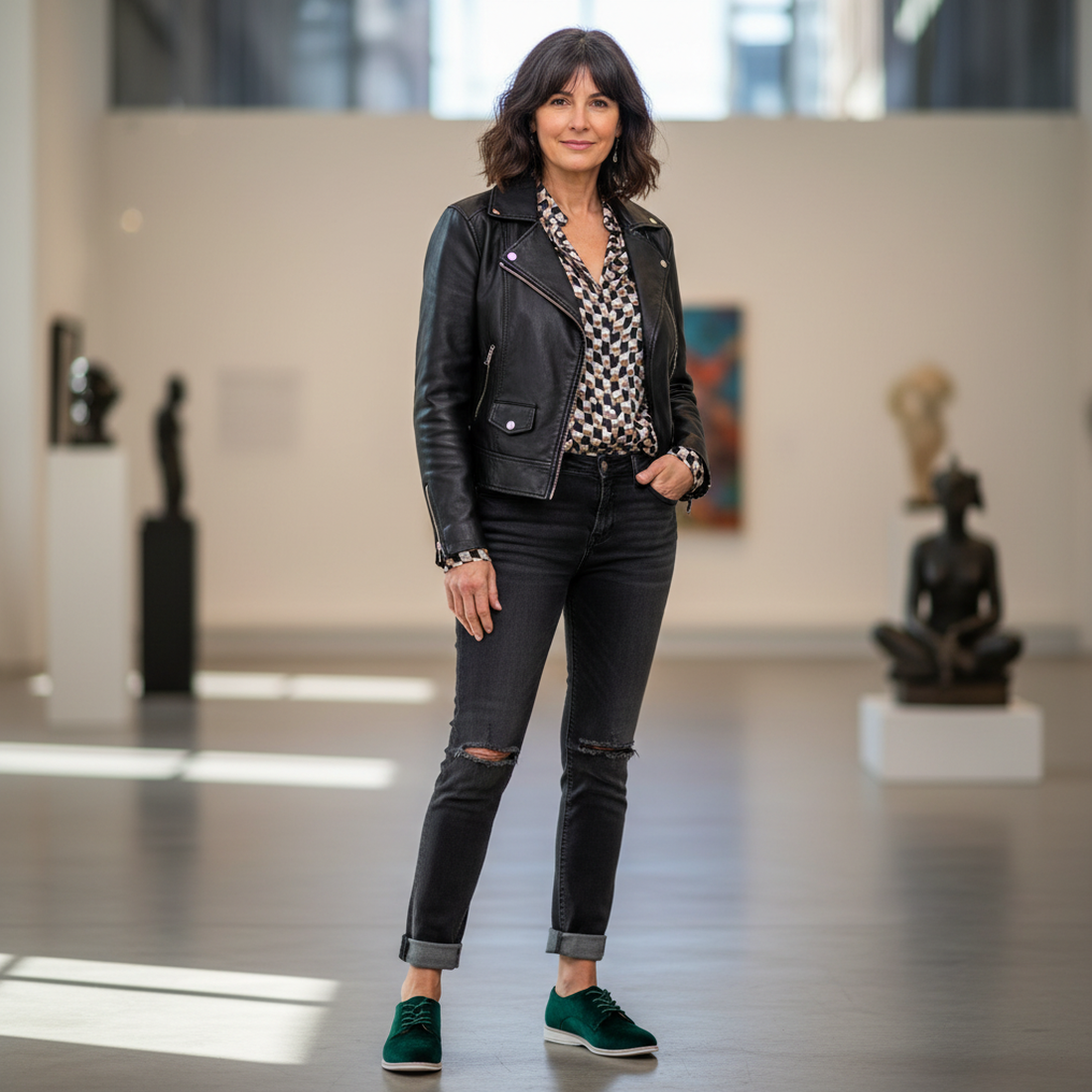 Smiling in an art gallery, a mom shows off Rollie Womens Derby Emerald Green Velvet Brogues—lace-up shoes with comfy white soles.  ksnz, 9339554068114, 9339554005690, 9339554000077, 9339554000336, 9339554023830