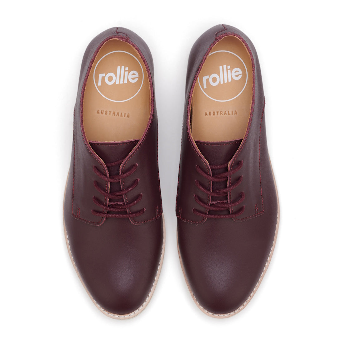 Rollie Womens Derby Super Soft Shoes in rich burgundy leather, lace-up style, comfy EVA midsole, tan lining and bright white soles.  ksnz, 9339554034843, 9339554086330, 9339554099231, 9339554070285, 9339554124001, 9339554126029