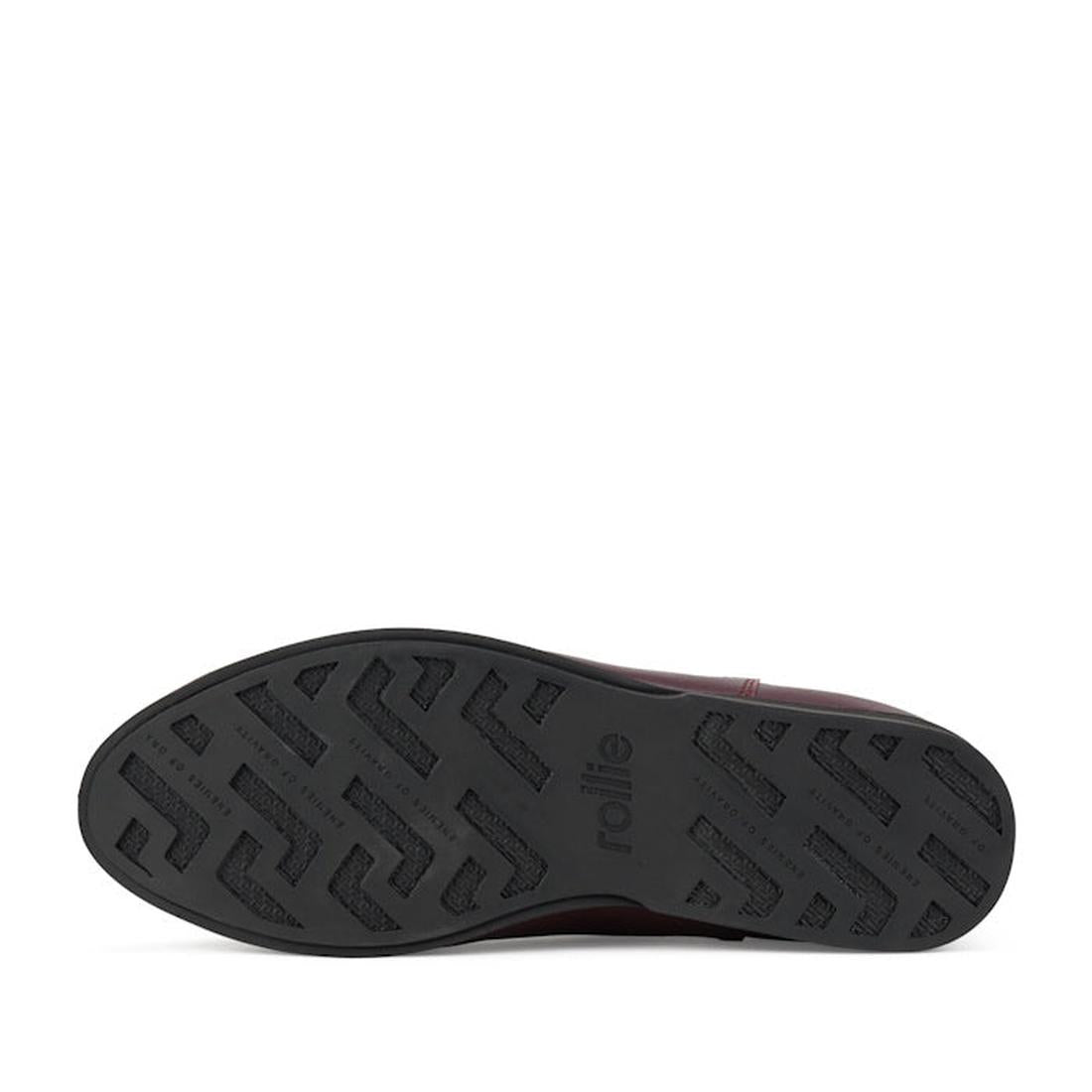 The image shows the black rubber sole of the Rollie Womens Chelsea Dark Cherry Leather Ankle Boot, featuring a textured geometric tread and "rollie" embossed near the center, with style code SC02136 for identification., 9339554019543, 9339554104898, 93395
