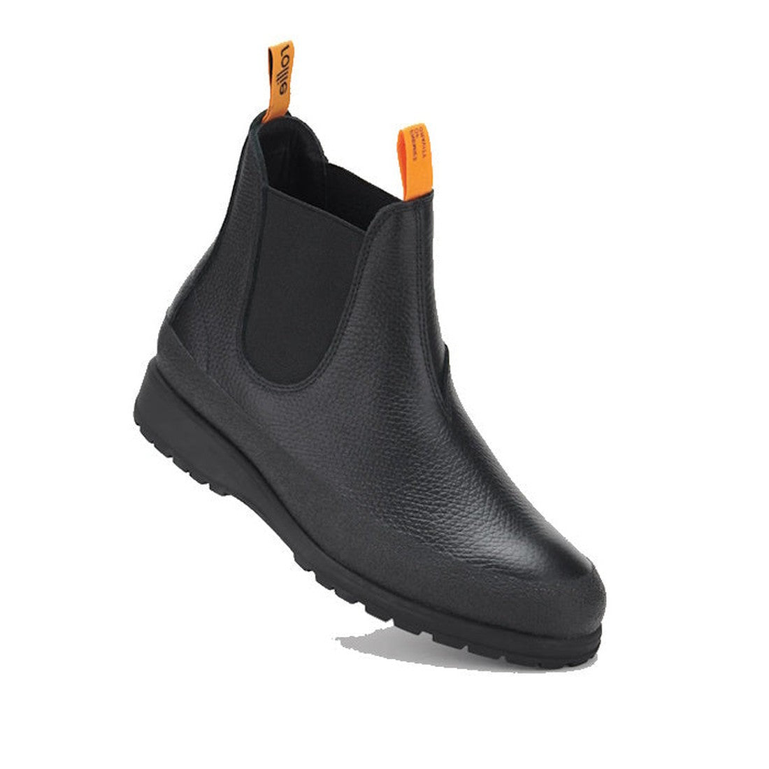 Rollie Womens Fields Chelsea Boot in black, with a sturdy sole, easy elastic sides, comfy leather upper, and bright orange pull tabs.  ksnz