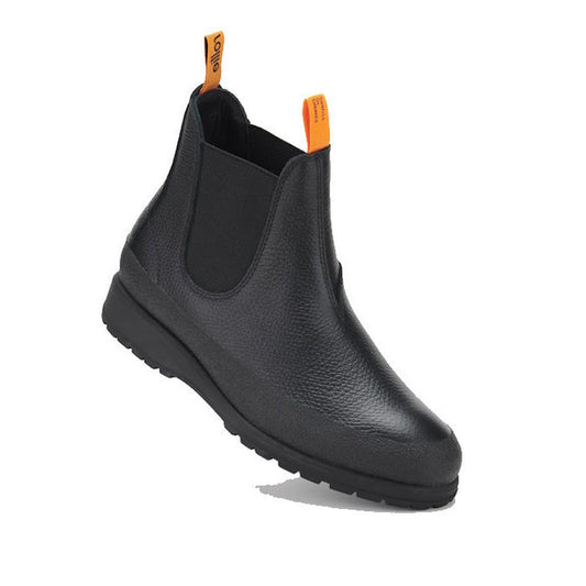 Rollie Womens Fields Chelsea Boot in black, with a sturdy sole, easy elastic sides, comfy leather upper, and bright orange pull tabs.  ksnz