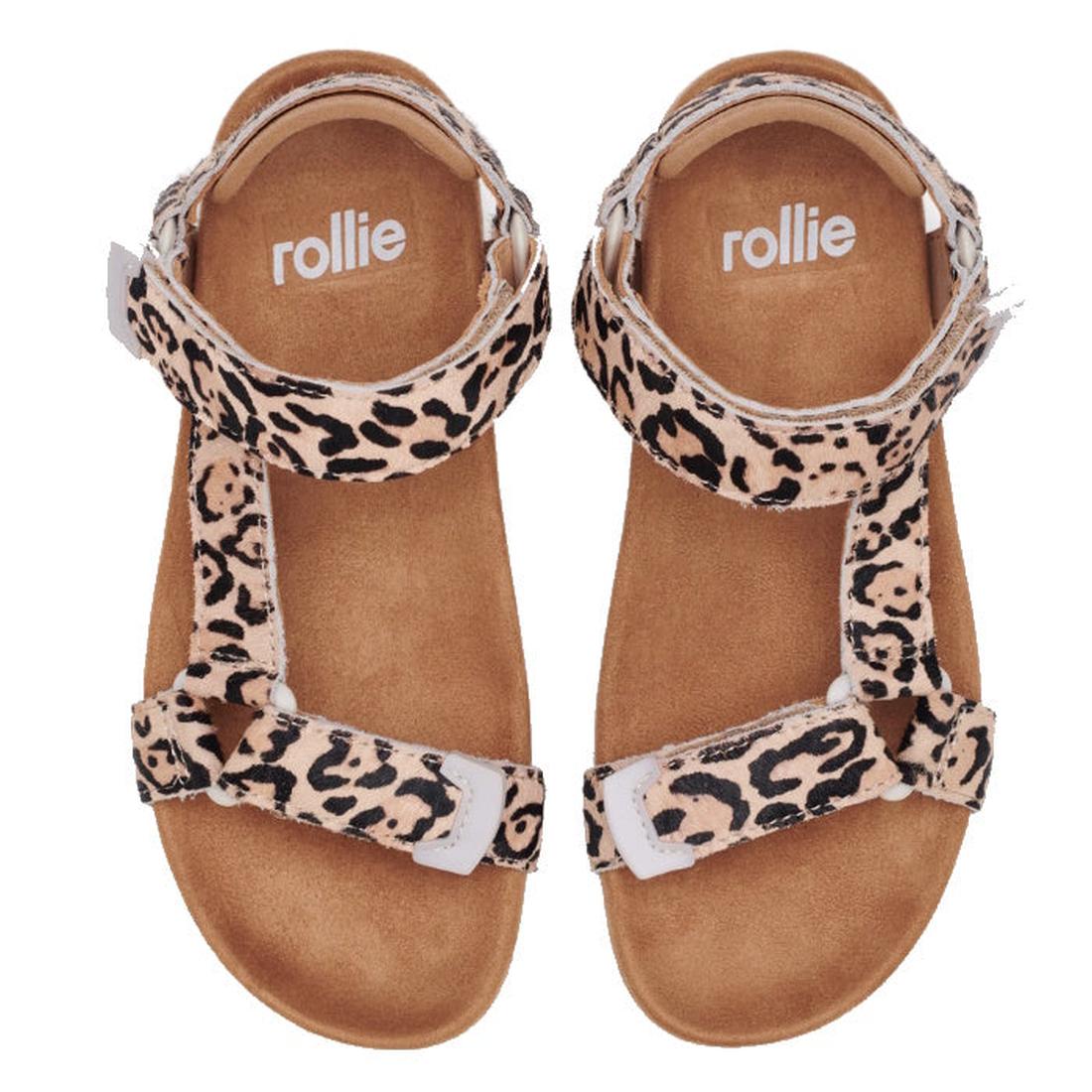 The Rollie Womens Sandal Tooth Wedge Neutral Leopard features open toes, tan soles, adjustable beige and black leopard print leather straps, a suede-wrapped comfort footbed, and insoles branded with "rollie" in white., 9382771798722, 9382771798739, 938277
