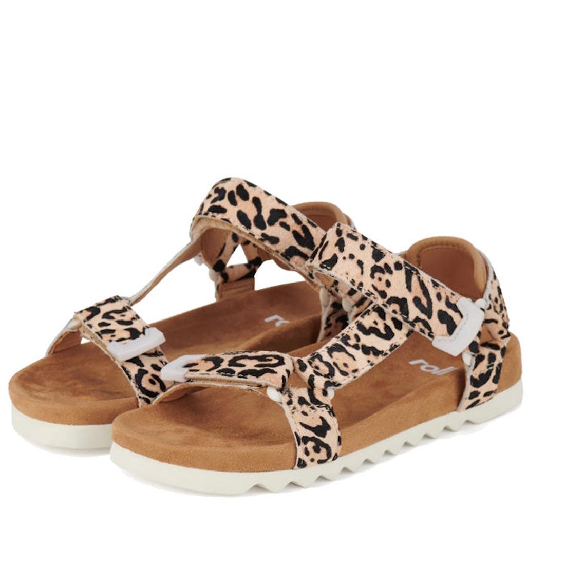 The Rollie Womens Sandal Tooth Wedge Neutral Leopard features open toes, a suede-wrapped footbed, tan suede soles, white ridged outsoles, and adjustable beige/black leopard print leather straps with hook-and-loop fasteners., 9382771798722, 9382771798739, 