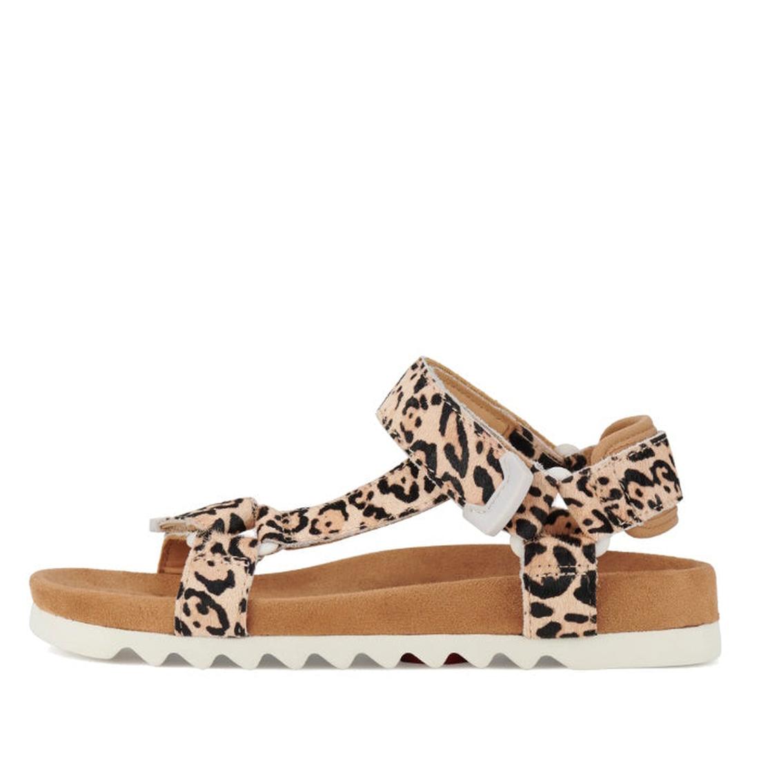 The Rollie Womens Sandal Tooth Wedge Neutral Leopard features adjustable leopard-print leather straps with Velcro at the ankle and toe, a tan suede-wrapped footbed, and a white ridged rubber outsole., 9382771798722, 9382771798739, 9382771798746, 938277179