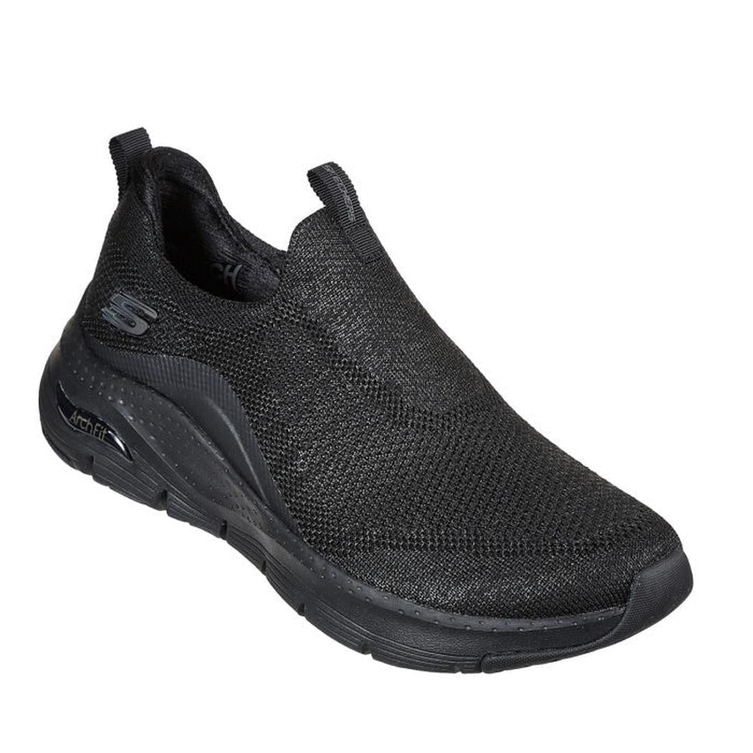 Skechers Arch Fit Slip Ons Keep It Up Black, comfy slip-on shoes with mesh upper, supportive cushioned sole, and easy pull tab.  ksnz