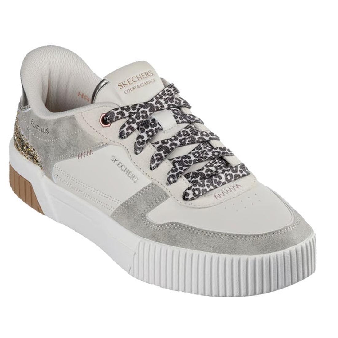 Off white Skechers Lace Up JAde Radiant Roar sneaker with leopard print laces on a white background