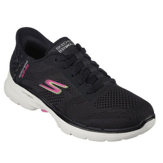 Skechers Go Walk 6 Slip-Ins - Vivid Idea Womens: Black comfy slip-on sneaker, white sole, mesh top, easy wear, soft pink touches.  ksnz