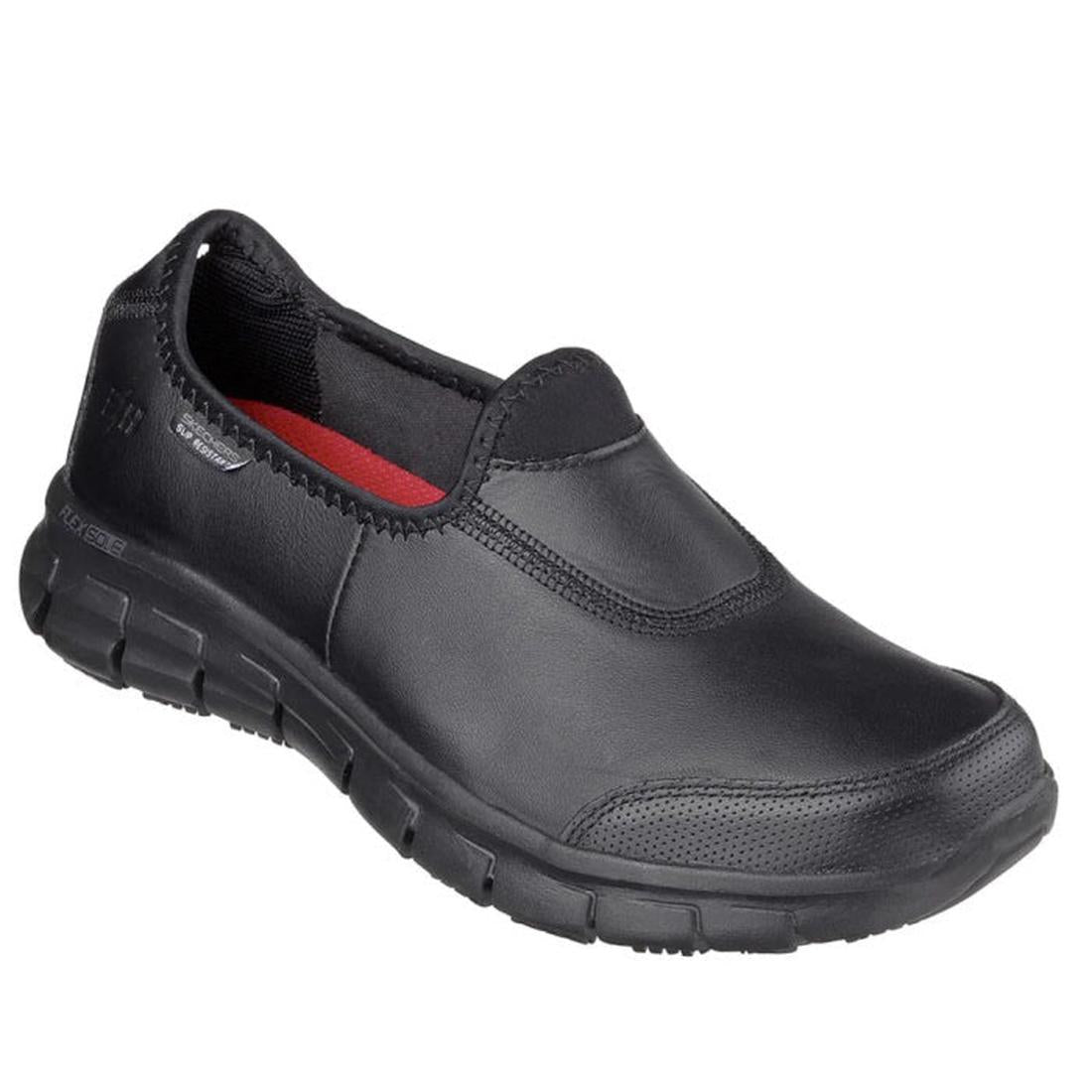 Skechers All Black Sure Track Slip On work shoe for women, with grippy sole, easy slip-on style, red heel detail, and comfy fit.  ksnz
