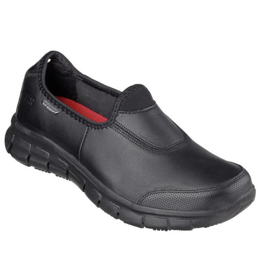 Skechers All Black Sure Track Slip On work shoe for women, with grippy sole, easy slip-on style, red heel detail, and comfy fit.  ksnz