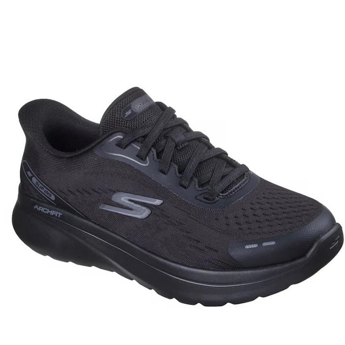 The Skechers Womens Slip In Go Walk Arch Fit N-Joy Black is a vegan slip-on with a mesh upper, cushioned sole, Arch Fit support near the heel, the Skechers S logo on the side, and offers athletic comfort for walking.