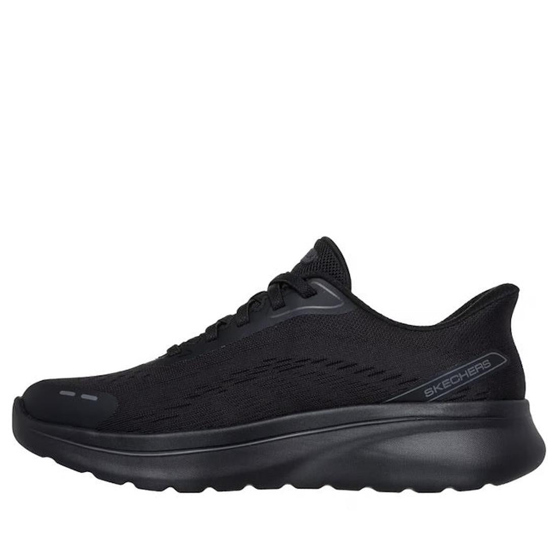 The Skechers Womens Slip In Go Walk Arch Fit N-Joy Black is a low-top athletic shoe with a thick Arch Fit cushioned sole, subtle grey accents, and the Skechers logo near the heel. It offers a convenient slip-in design for easy wear., 199025170253, 49932, 