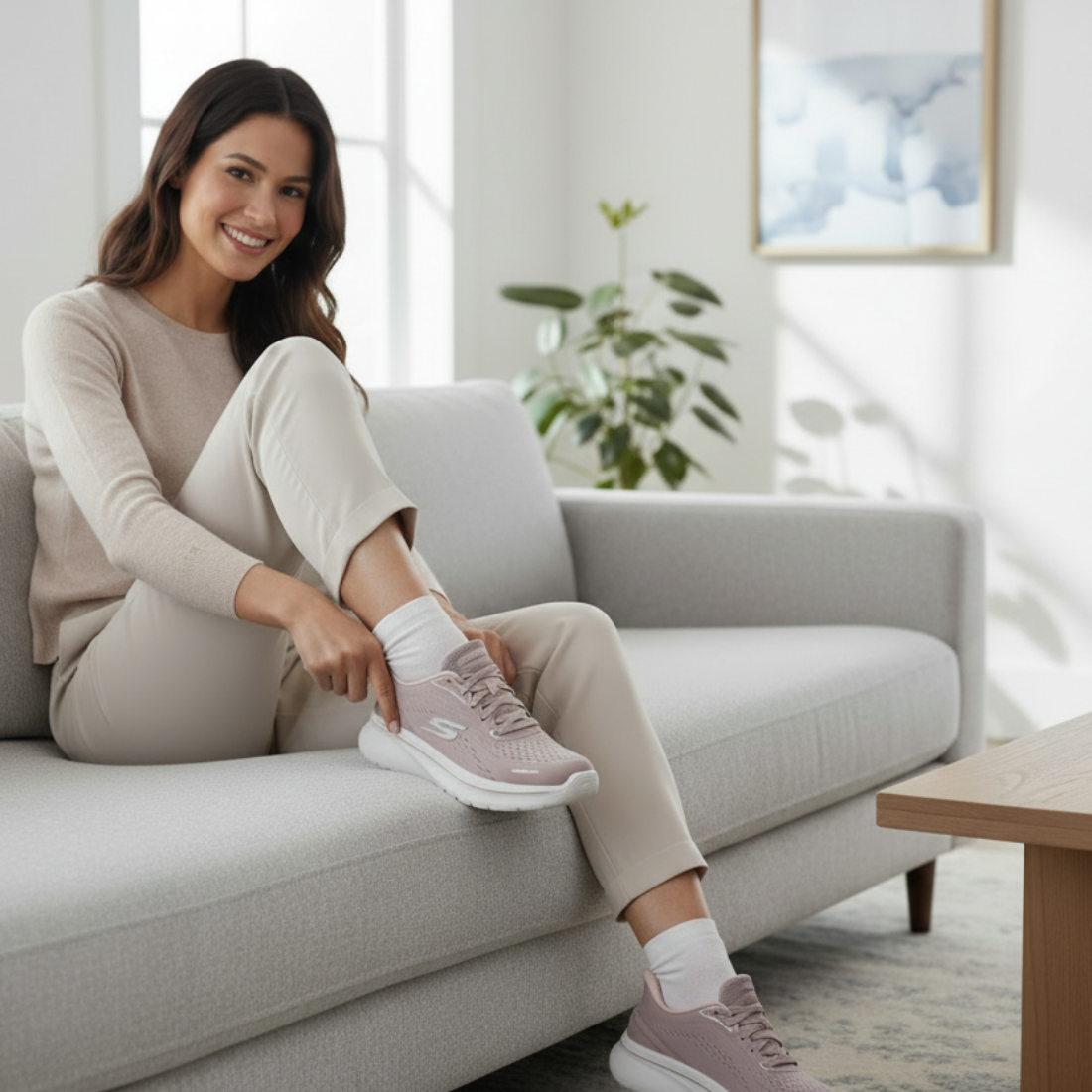 A woman sits on a light gray sofa, smiling as she puts on her Skechers Women's Slip-In Go Walk Arch Fit N-Joy Taupe shoes. Dressed in casual light-colored clothes, she relaxes in a modern, bright room with an abstract painting on the wall., 49941, 49942, 