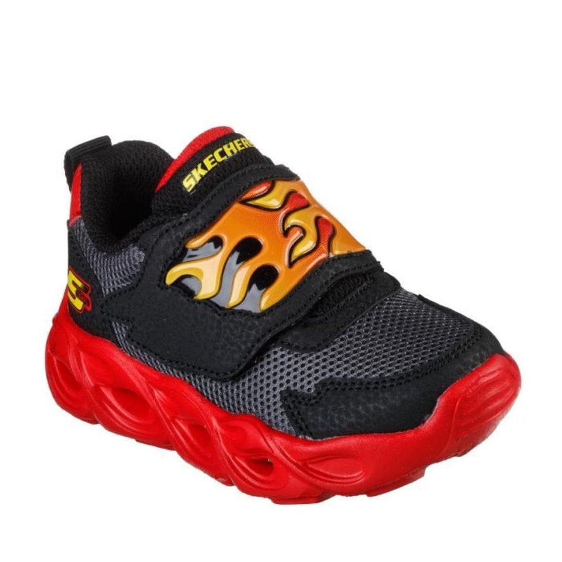 Skechers Kids Toddlers S Lights Thermo Flash Flame Flow is a black and red sneaker with flames, secure closure, wavy red sole, and lights.  ksnz