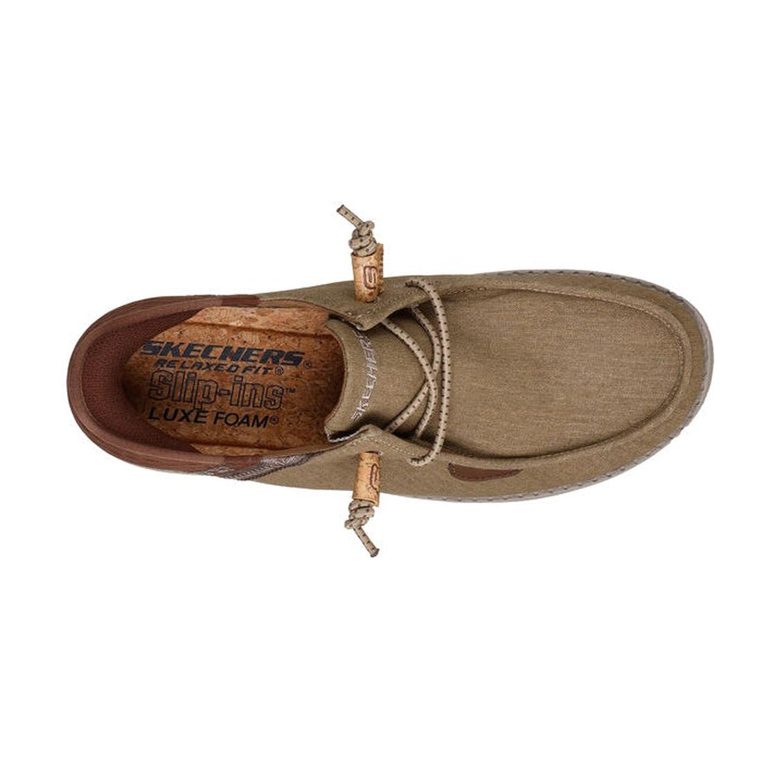 Top view of Skechers Mens Slip Ins Melson - Classy Moc Tan, featuring tan laces, a Luxe Foam insole, and Relaxed Fit design for all-day comfort in these casual men's slip-on shoes., 198376452049, 198376452056, 198376452063, 198376452070, 198376452087, 198