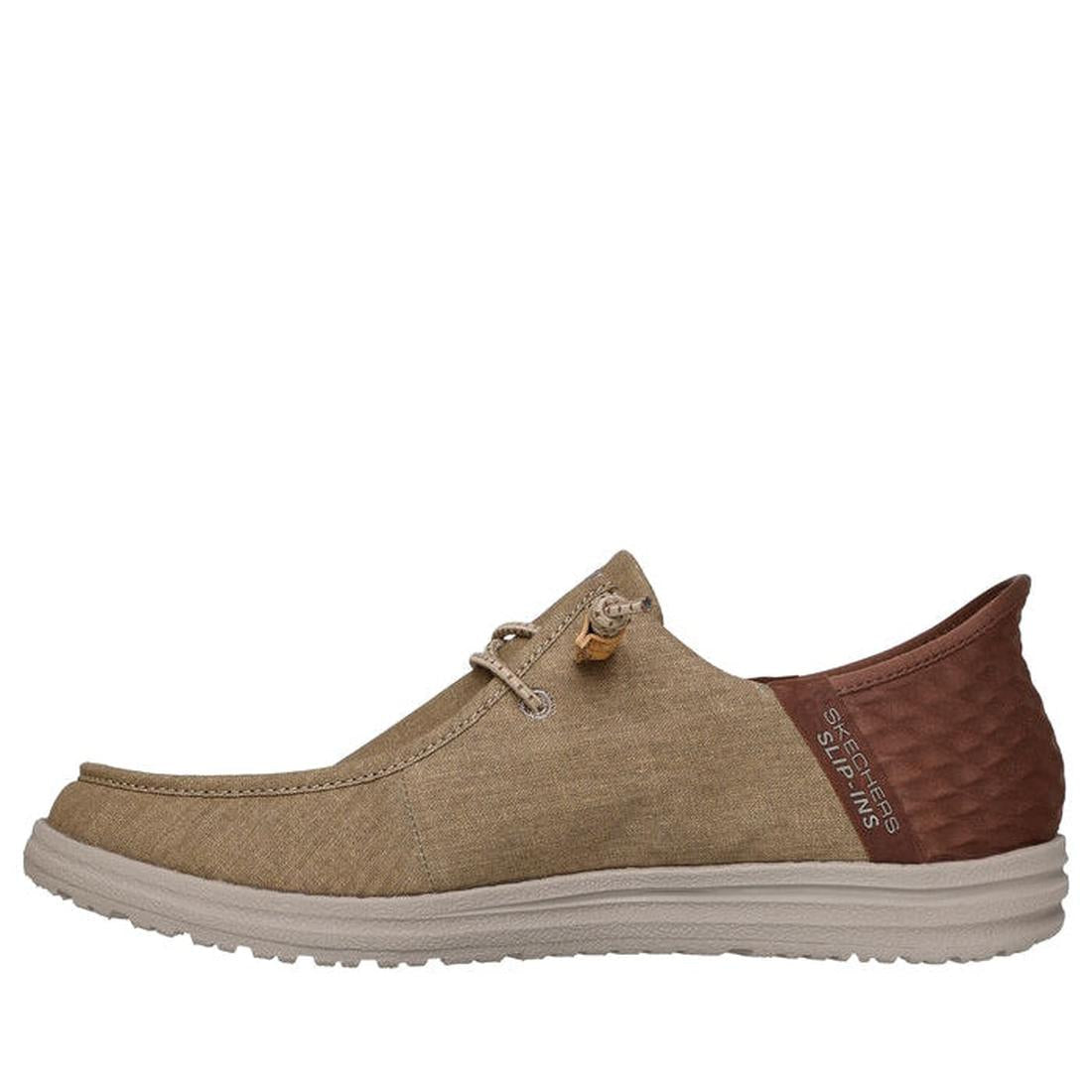 The Skechers Mens Slip Ins Melson - Classy Moc Tan is a casual slip-on shoe with a light tan fabric upper, brown textured heel, white sole, lace detail, Hands Free Slip-ins for easy wear, and a Relaxed Fit for all-day comfort., 198376452049, 198376452056,
