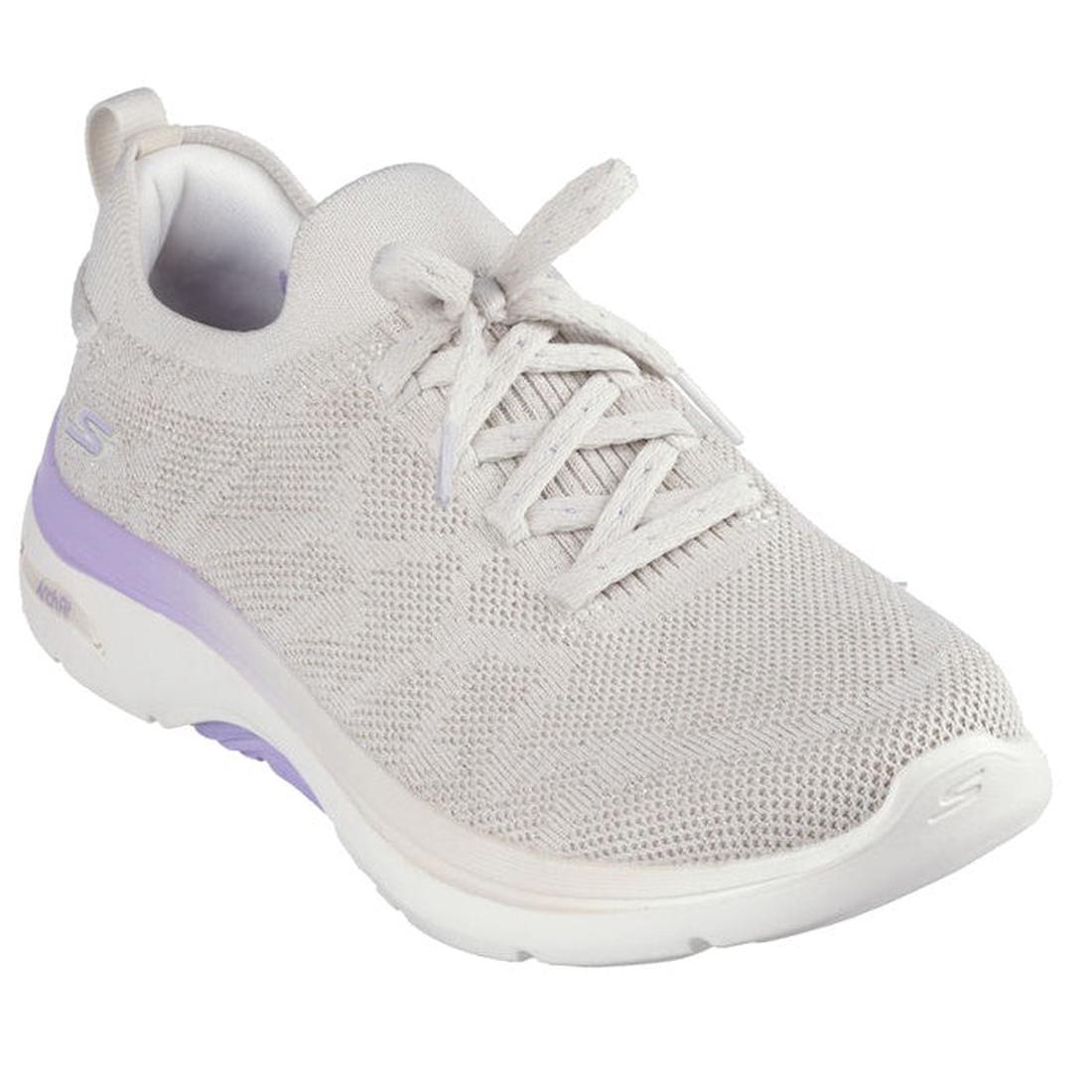 The Skechers Go Walk Arch Fit 2.0 Bel Natural Purple Slip On features a light gray knit upper, white sole, lavender accents on the midsole, reliable arch support, and a small S logo near the heel—all in a convenient slip-on design.