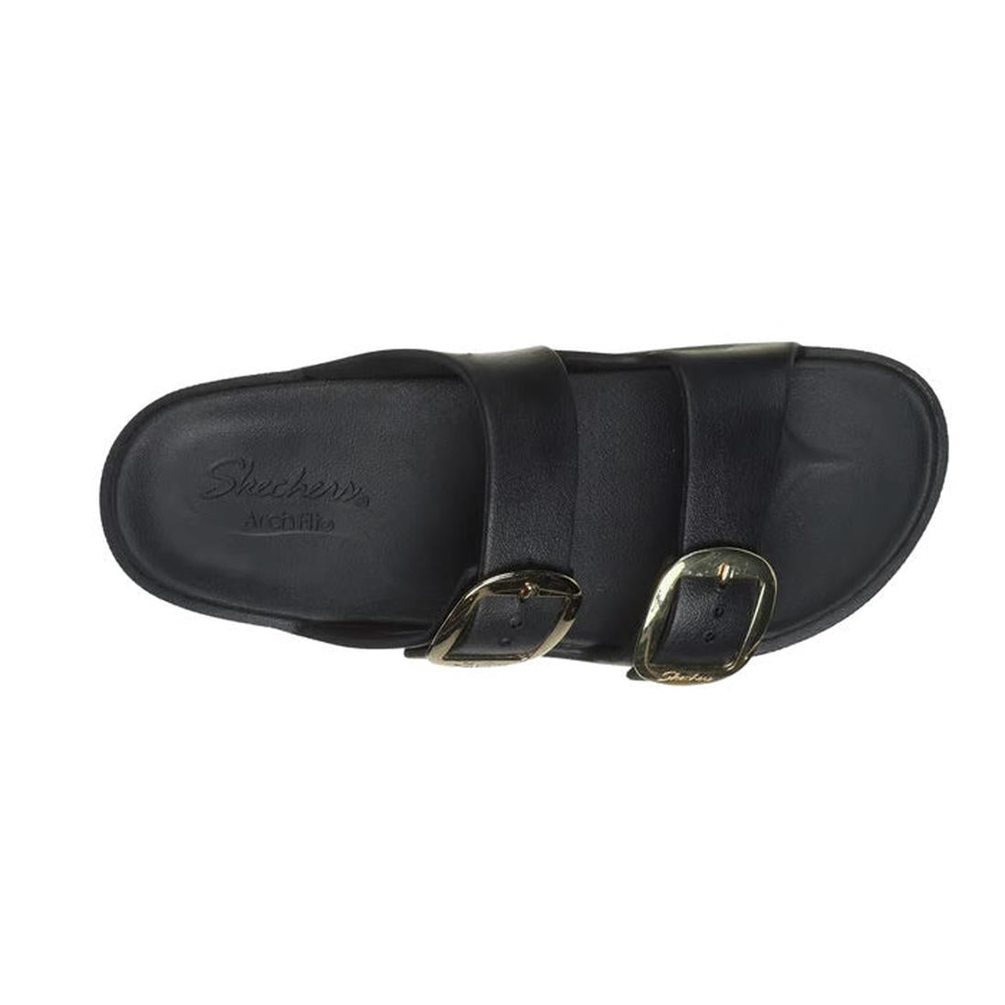 The Skechers Womens Arch Fit Foamies Cali Breeze Gold Star Slide Black sandal features two wide straps with gold buckles and a cushioned footbed, shown from a top-down view against a white background., 49587, 197627436340, 197627436357, 197627436364, 1976