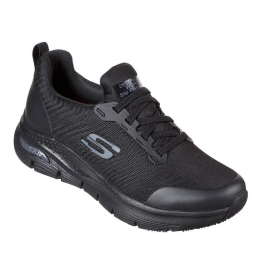 Skechers Arch Fit Slip Resistant Virmical Black Slip On Trainer 108023, a cozy black women’s slip-on with safe grip and arch support.  ksnz