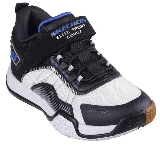 The Skechers Boys Elite Sport Court Black/White sneakers feature a Velcro strap, laces, mesh upper, ankle support, and a textured rubber sole—ideal for multi-court athletic performance.