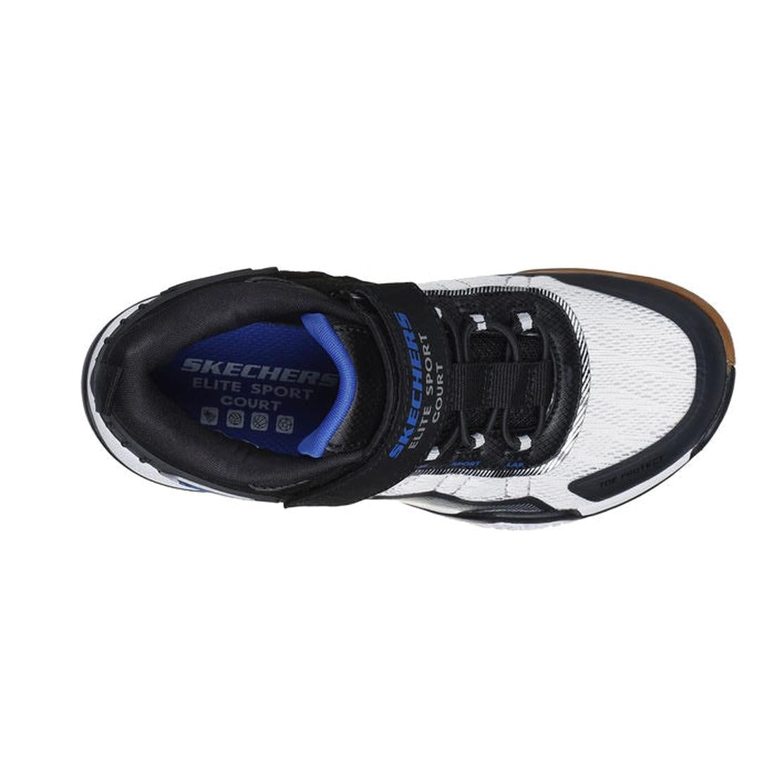 Top view of Skechers Boys Elite Sport Court Black/white sneakers, a multi-court athletic shoe featuring black and white design, blue inner lining, black laces, ankle support, and Skechers logos on the tongue and insole., 197976521667, 197976521681, 197976