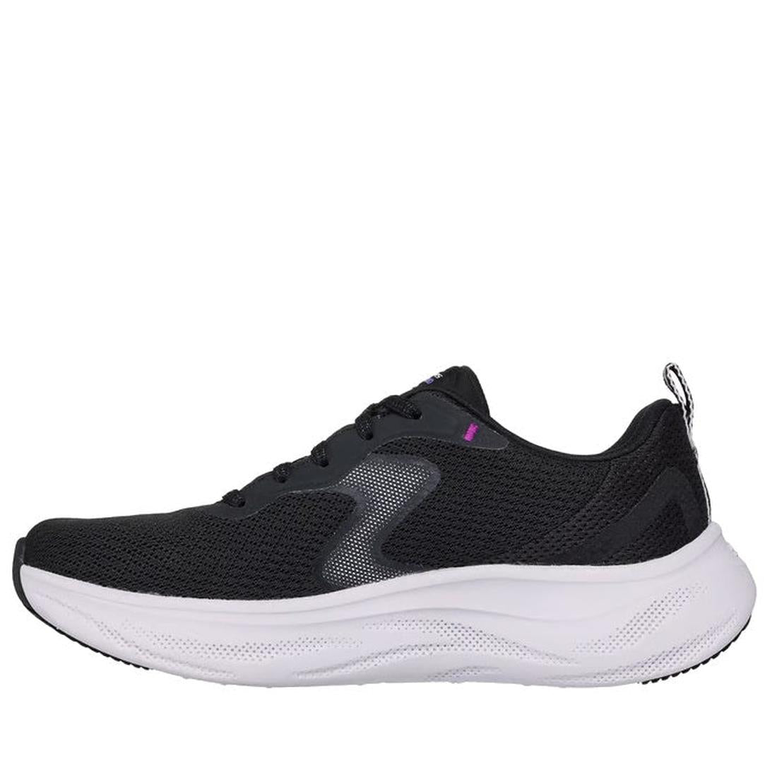 The Skechers Womens Skech Cloud Smooth Wave Black Lavender is a black athletic sneaker with a thick white textured sole, mesh upper, subtle gray and lavender accents, black laces, and ULTRA LIGHT midsole cushioning for comfort., 45911, 45912, 198739014426