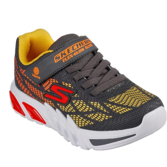 Skechers Boys Light Ups S Lights Flex Glow Elite Vorlo sneakers in charcoal, with pops of yellow and red, comfy sole, and easy Velcro closure.  ksnz
