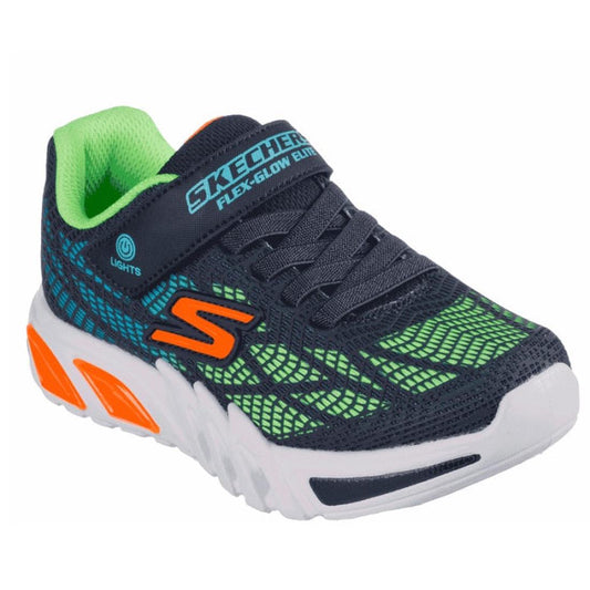 Skechers Boys S Lights Flex Glow Elite Vorlo Navy: sporty navy/green light-up sneakers with white sole, Velcro closure, orange details.  ksnz