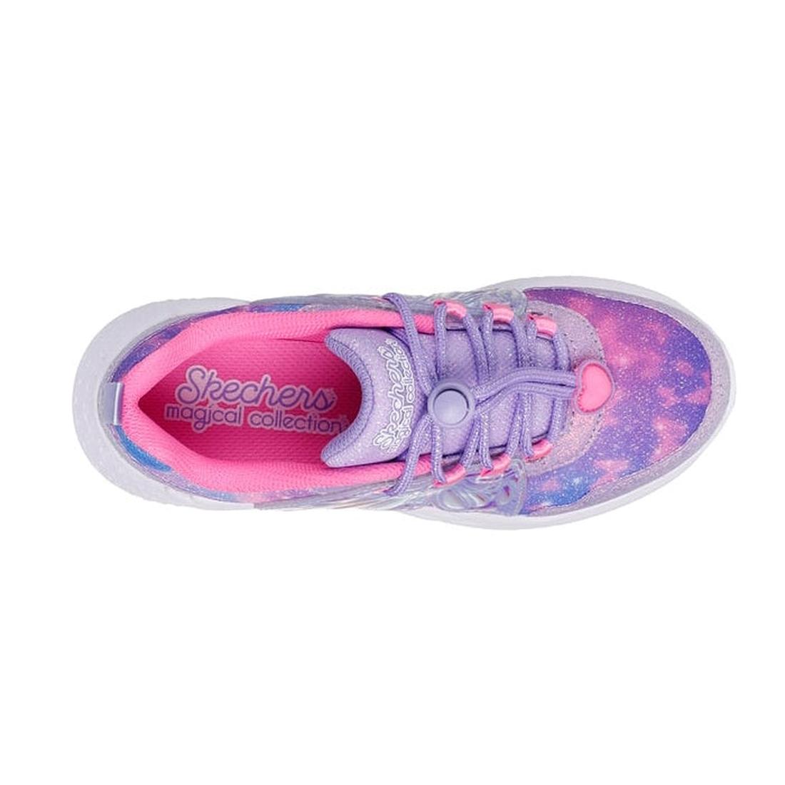 Top view of the Skechers Girls Light Ups Dream Racer Wings Lavender Pink sneaker, featuring purple, pink, and blue patterns, a pink insole, and decorative elastic laces., 198376663322, 198376663346, 198376663360, 198376663384, 198376663407, 44527, 44528