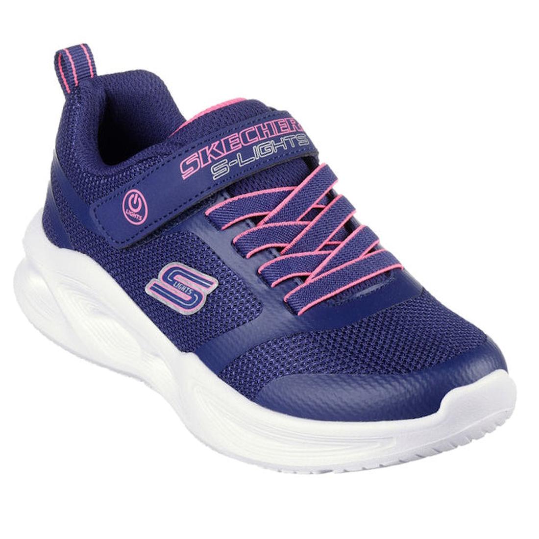 Skechers Girls Light Ups Sola Glow SLights Navy sneakers with pink laces, easy hook-and-loop strap, and glittery light-up sole.  ksnz