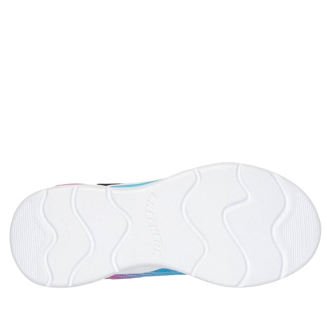 The Skechers Girls Light Ups - Wavy Beams Ombre Express Navy Multi features a white sole with wave-like grooves and textured patterns for grip, shown from the bottom with subtle multicolored accents along the outer edge., 44516, 197976390843, 197976390867