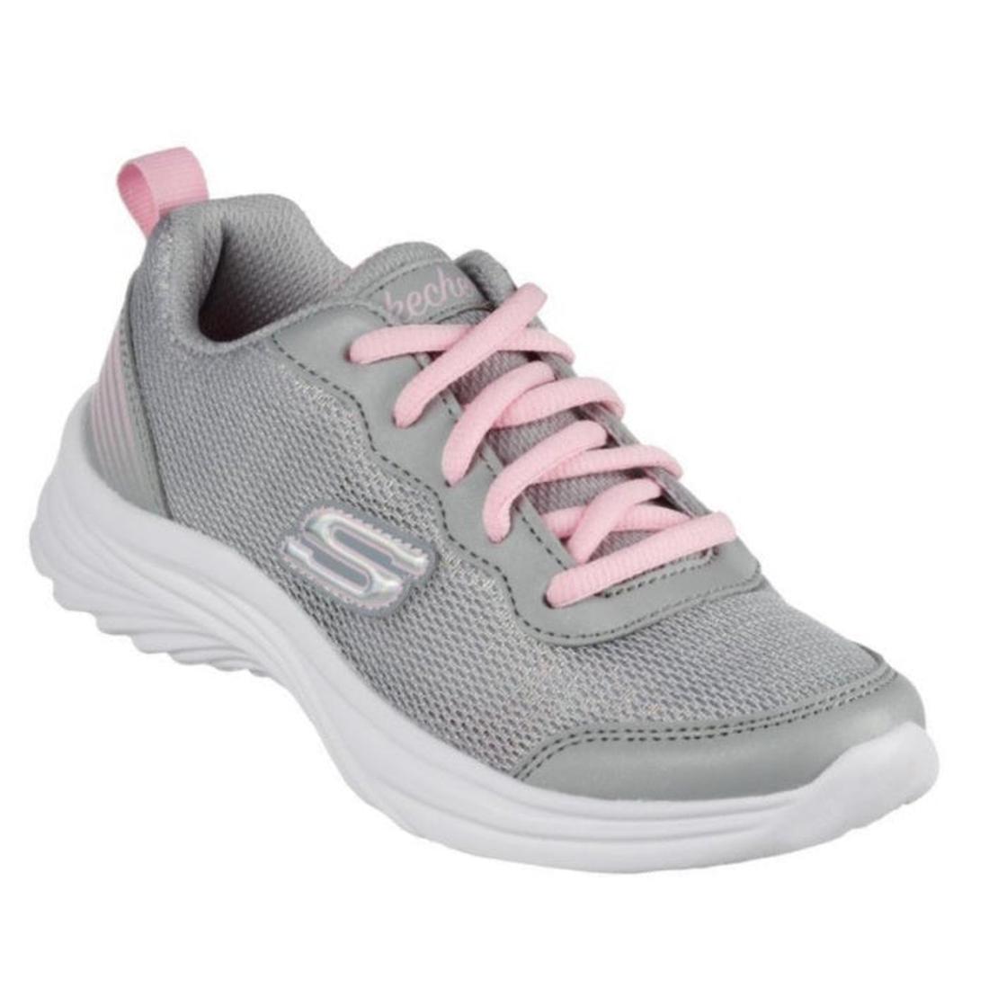 Skechers Kids Runner Lace Up Dreamy Dancer Super Swifty—gray sneaker with pink laces, comfy white sole, mesh top & easy heel tab.  ksnz
