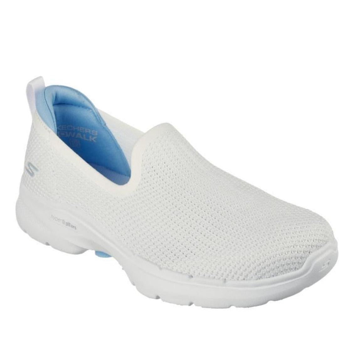 Skechers Go Walk 6 Clear Virtue White slip-on sneaker with mesh upper, cozy blue lining, sturdy white sole, easy for family outings.  ksnz