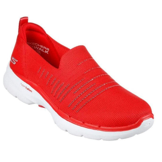 Skechers Go Walk 6 Elated Joy Slip On in red; comfy mesh slip-on, sturdy white sole, easy closure, cozy Air-Cooled Goga Mat insole.  ksnz