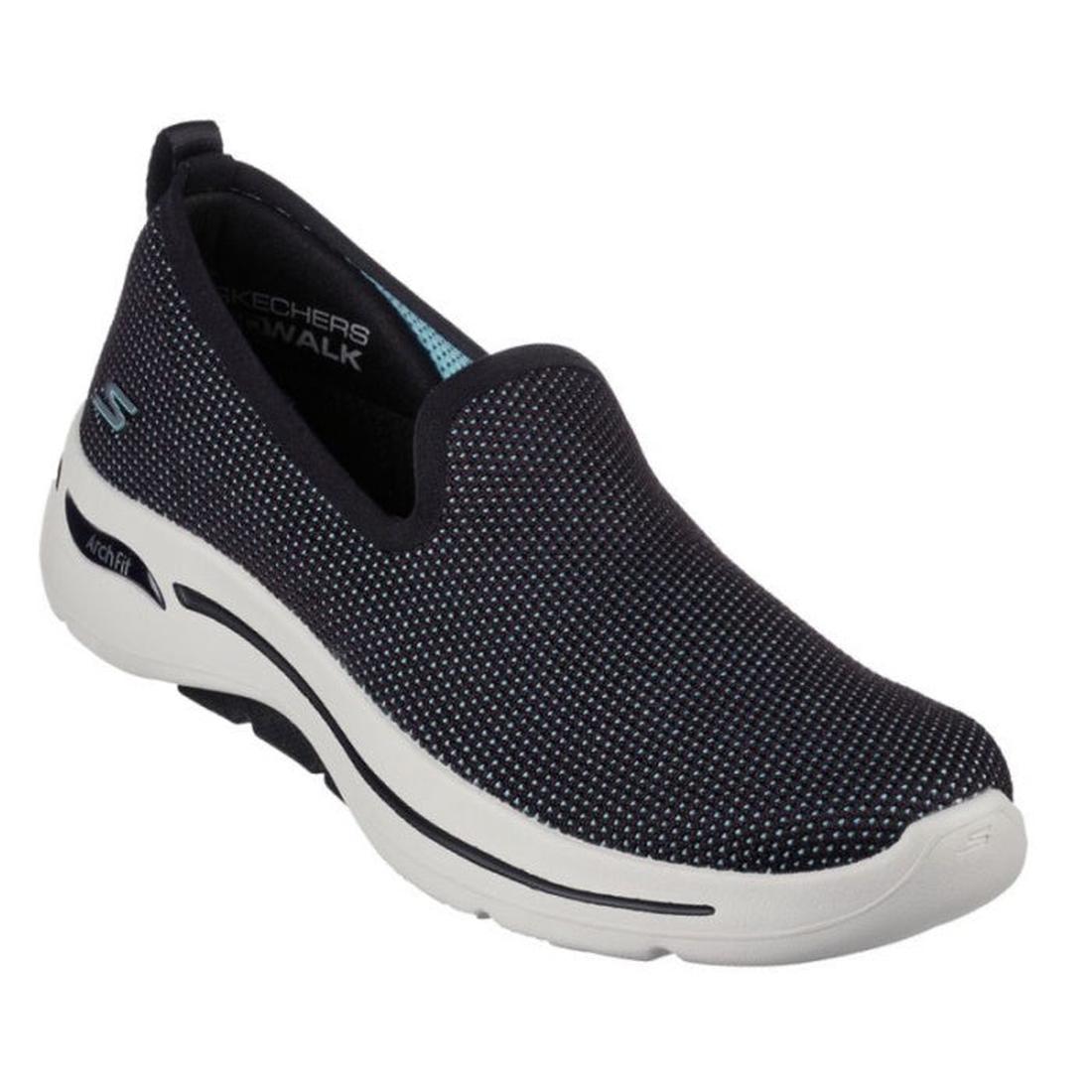 Skechers Go Walk Arch Fit Slip On Space Light in black offers easy slip-on comfort, arch support, airy upper, and a soft white sole.  ksnz