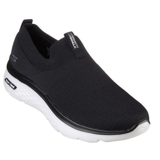 Skechers Hyper Burst Manchester Slip On Black Mens: comfy slip-on sneaker, mesh upper, white cushioned sole, easy pull tab.  ksnz