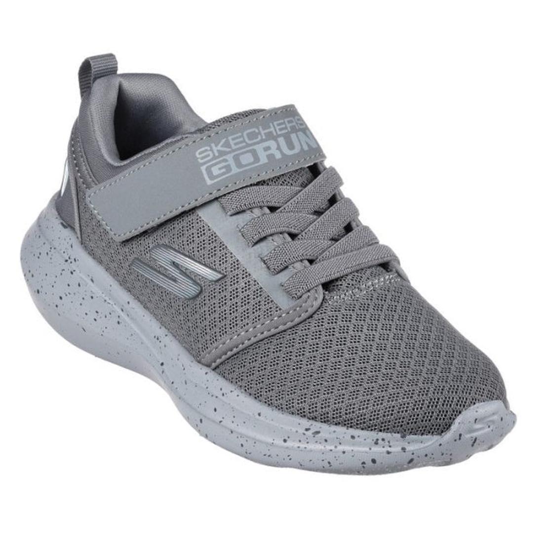 Skechers Kids Go Run Fast Earthy Kid Grey sneaker, a comfy kids’ shoe with breathable mesh, elastic laces, Velcro strap, and speckled gray sole.  ksnz