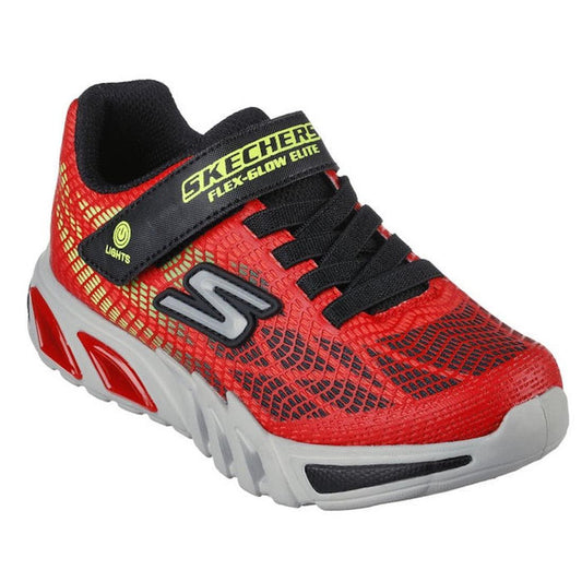 Skechers Boys Light Ups S Lights Flex Glow Elite Vorlo: comfy mesh sneakers in red/black, Velcro closure, light-up midsole, cushioned sole.  ksnz