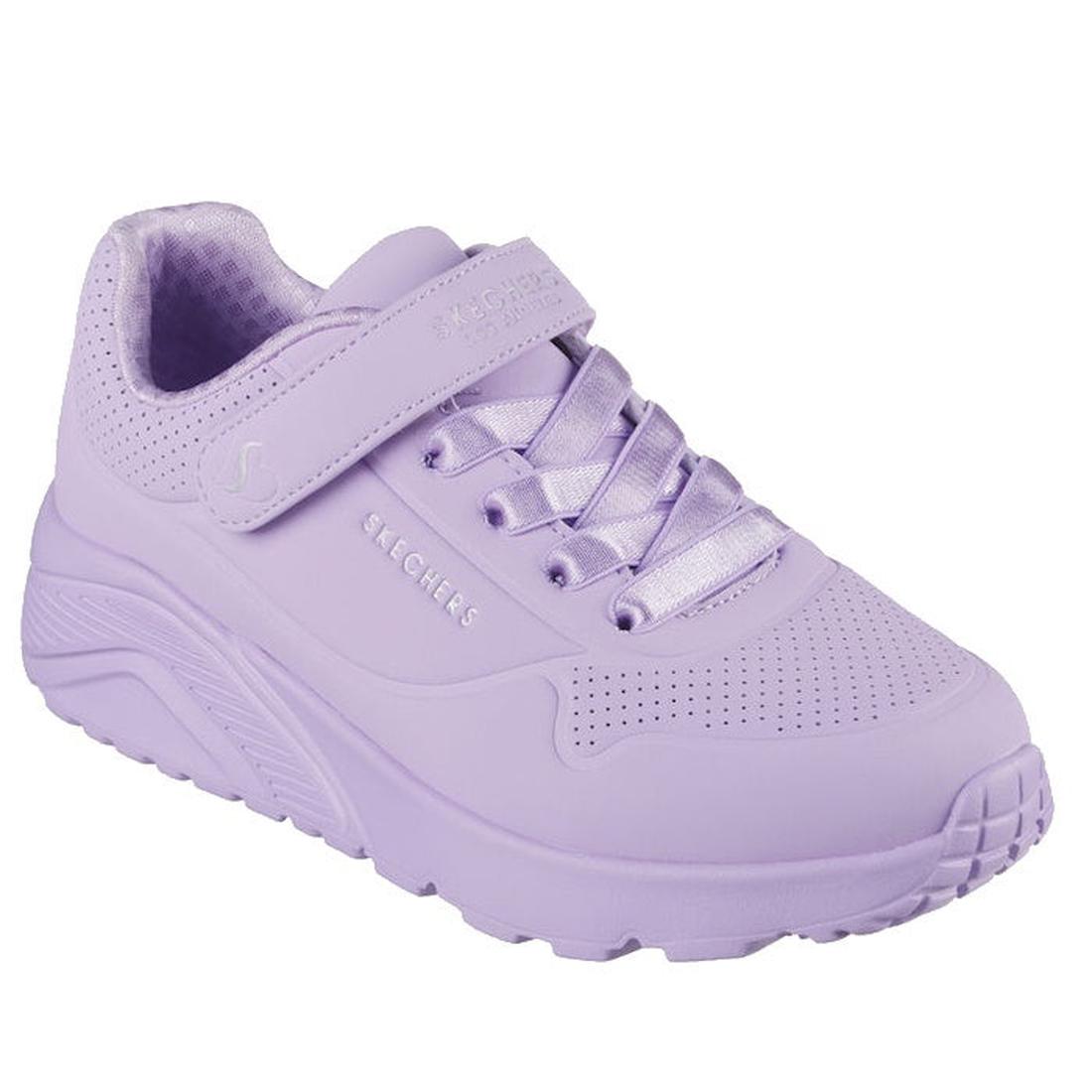 The Skechers Kids Uno Lite Lavender Hook & Loop Trainer is a single light purple sneaker with a thick sole, perforated toe, Velcro strap, laces, and Air-Cooled Memory Foam. "Skechers" branding appears on the side and strap.